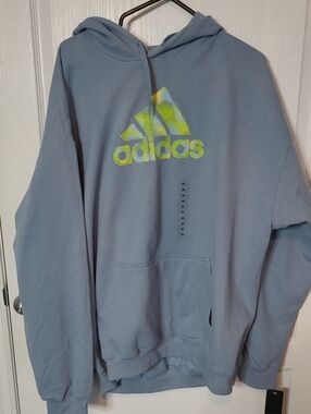 Adidas Light Blue Hoodie with Neon Yellow-Green Logo
